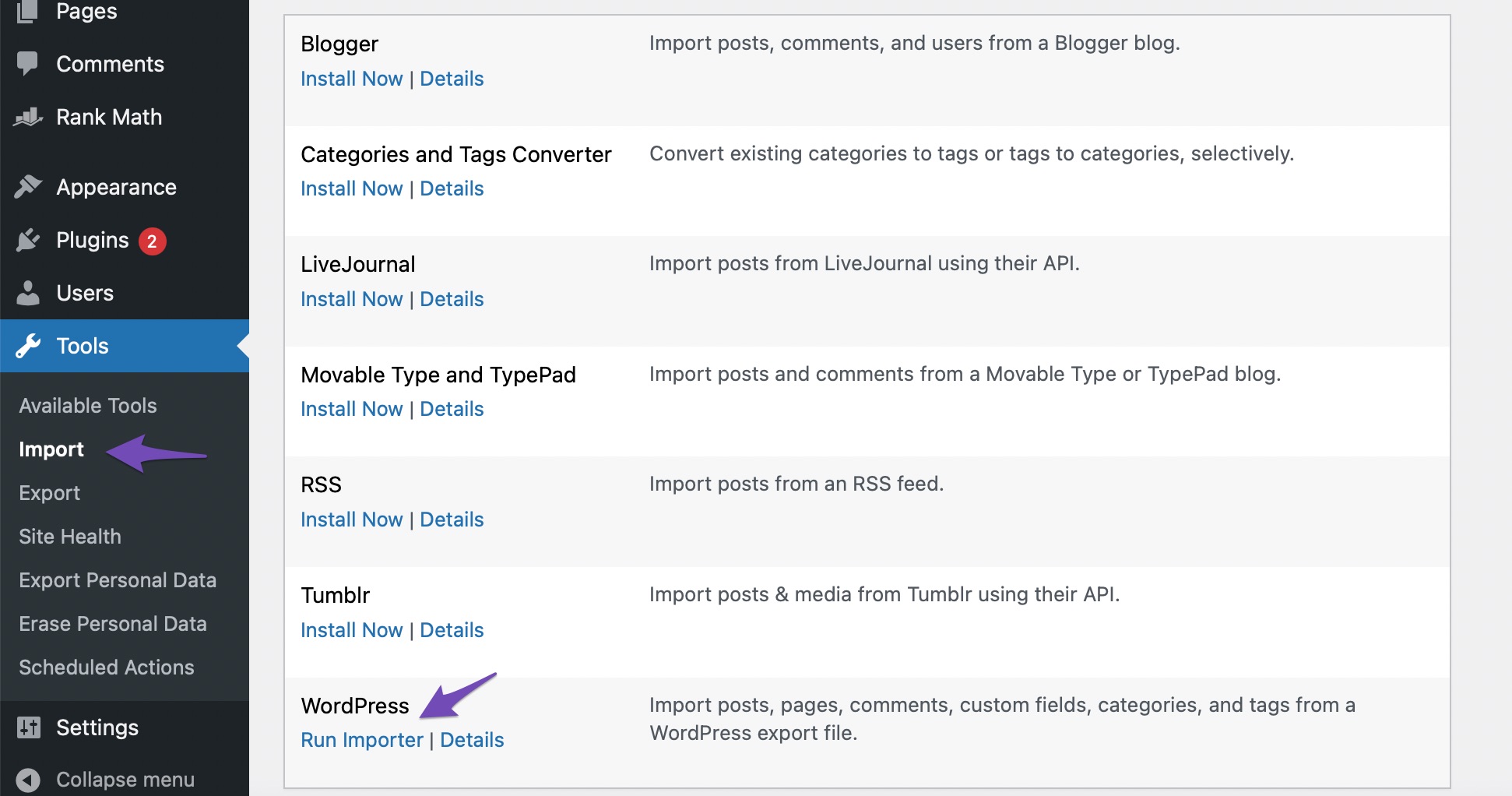 Import content to your new blog